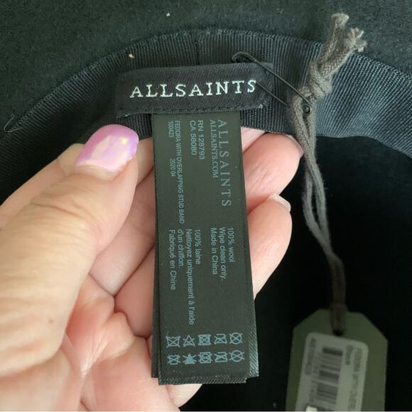 All Saints Black Studded Crown Band Wool Western Texas Hold Em Fedora O/S NWT - Picture 8 of 9